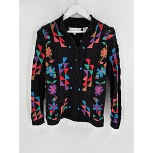 Needleworks Vintage Sweater Womens Large Black Knit 1988 Floral Geometric Button